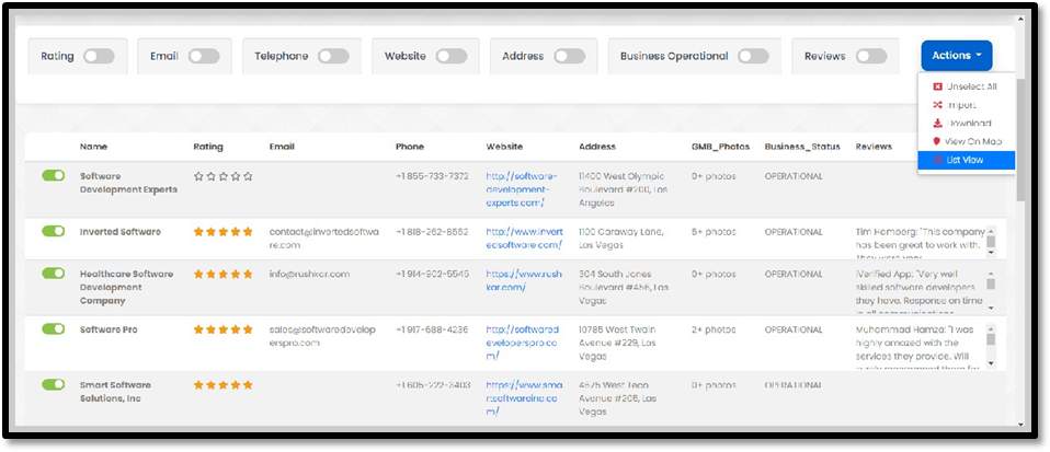LeadFinder Data List and Grid View