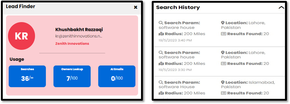 LeadFinder Profile and History